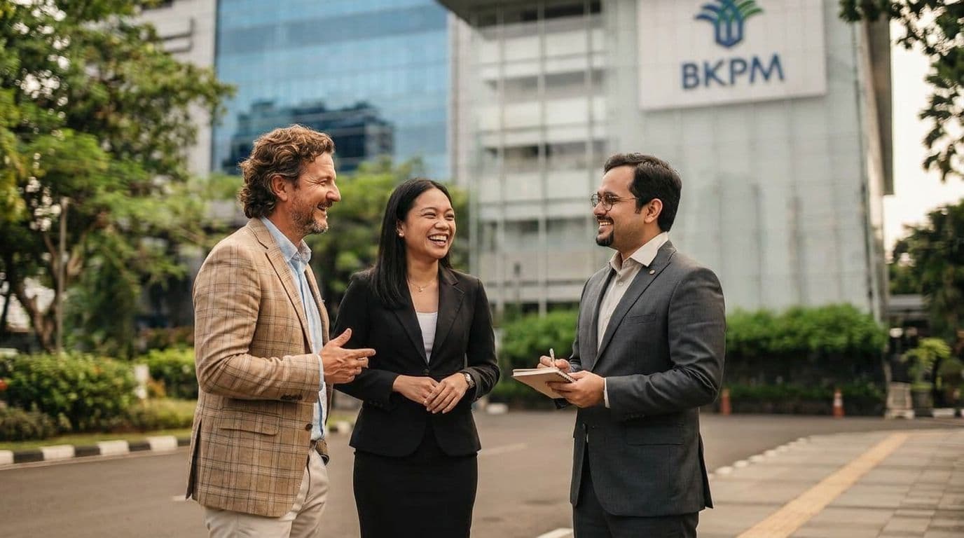 Foreign investor and Indonesian advisors in conversation outside the BKPM (Indonesian Investment Coordinating Board) building in Jakarta — context for understanding BKPM Regulation 5/2025 PT PMA capital requirements