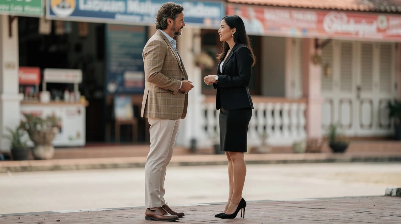 Foreign investor in conversation with an Indonesian advisor on a Jakarta street — typical context for foreign-ownership consultation, KBLI selection, and PT PMA structuring