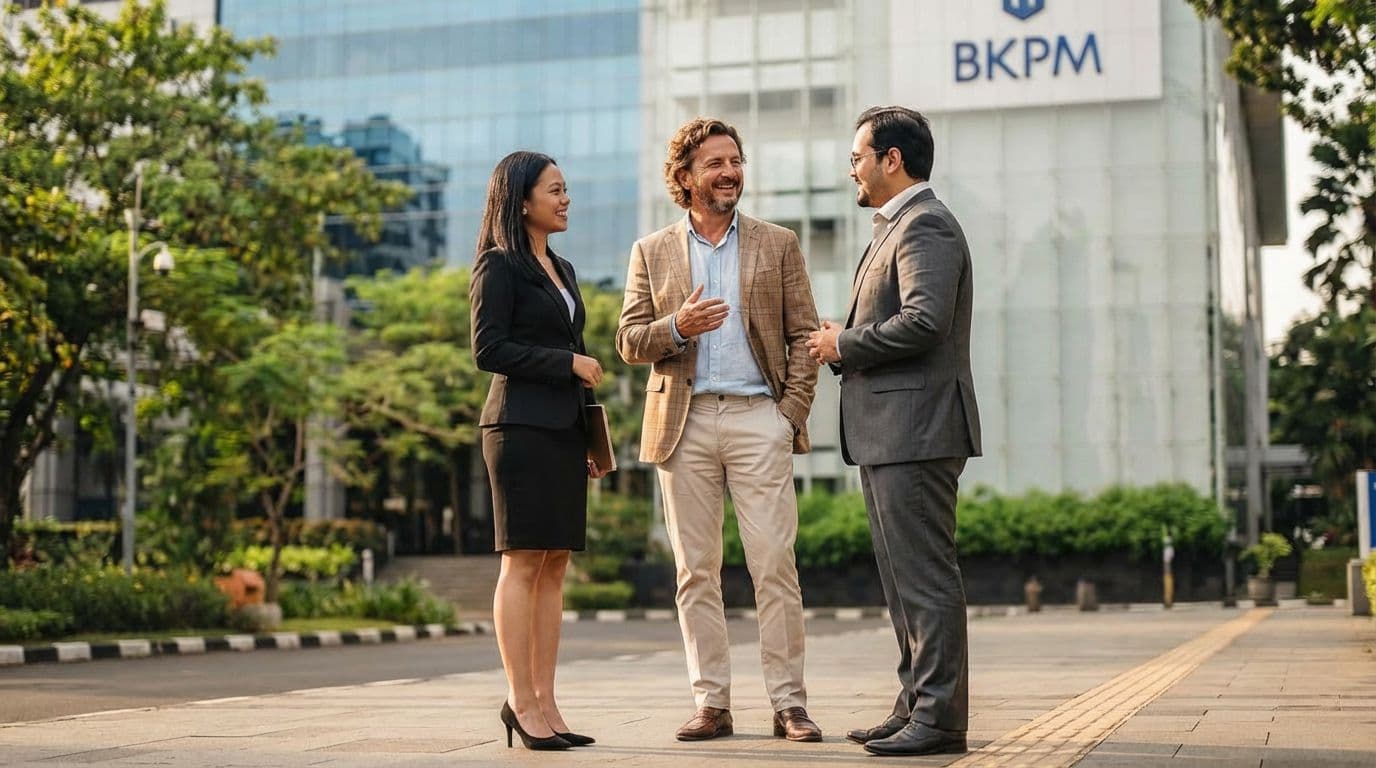 Foreign investor in conversation with Indonesian BKPM advisors outside the Indonesian Investment Coordinating Board building — BKPM administers Tax Holiday, Tax Allowance, and KEK incentive programs covered on this page