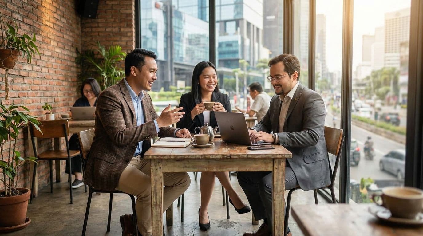 IT consulting team meeting in a Jakarta café with city skyline behind — illustrating the foreign-owned PT PMA software, hosting and IT-services context (KBLI 62010, 62019, 62020, 63111)