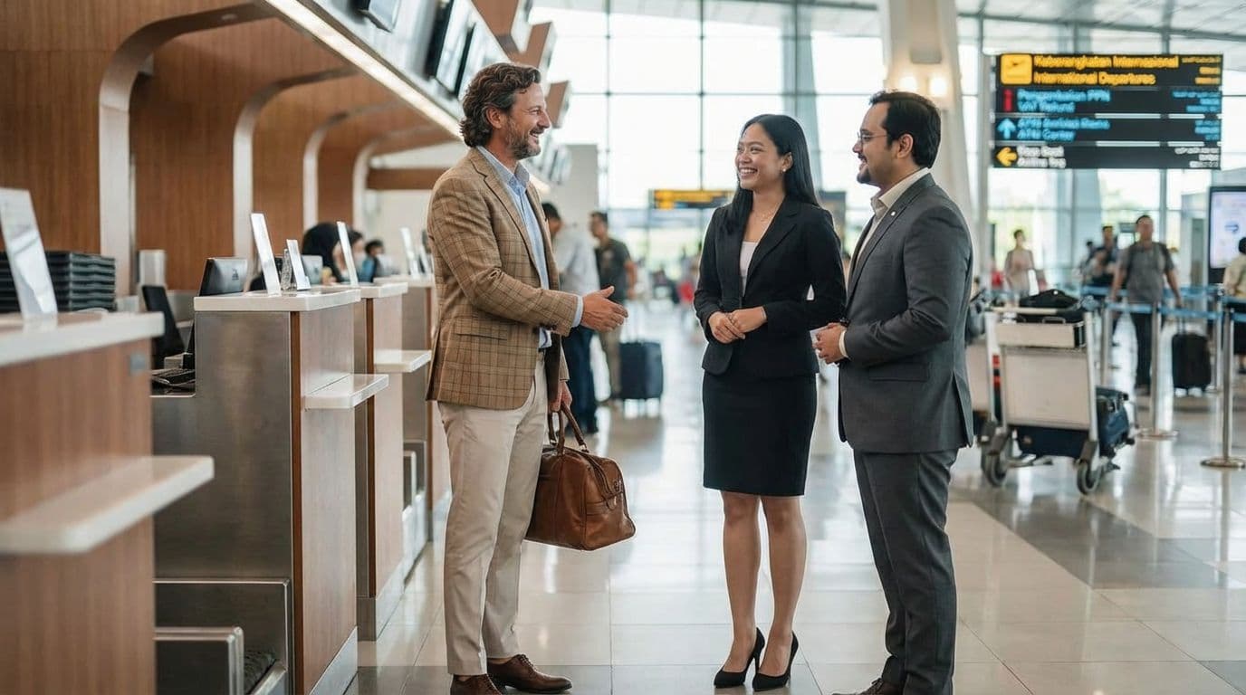 Foreign investor with travel bag at Soekarno-Hatta International Airport in Jakarta being met by Indonesian advisors — KITAS, IMTA and RPTKA work-permit arrival context