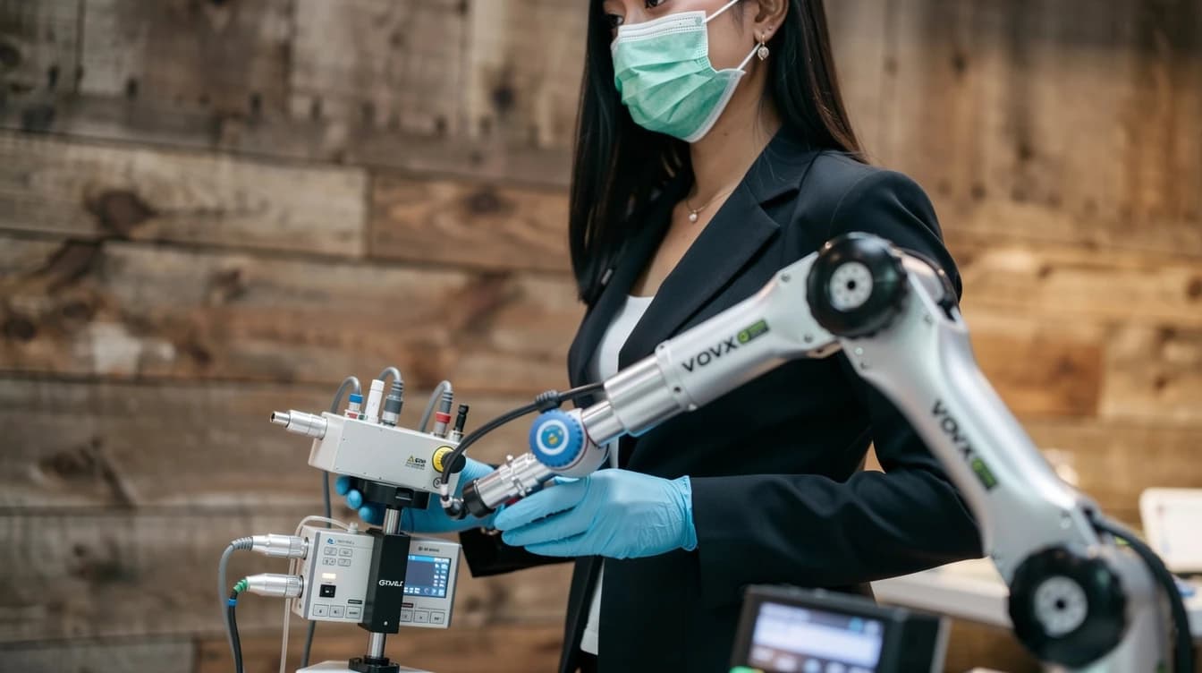 Medical-device technician in surgical mask and gloves working with a diagnostic robotic-arm — Indonesia Kemenkes-regulated medical-device manufacturing context